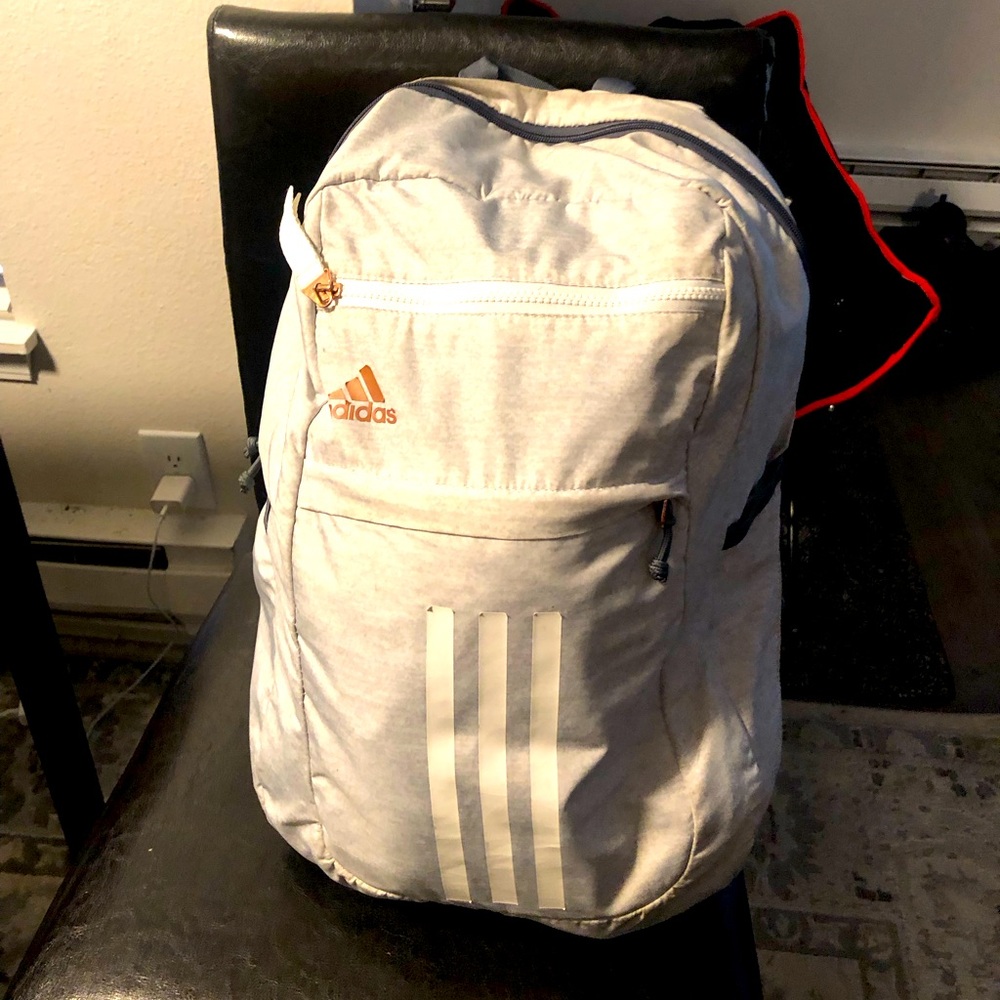 Adidas Backpack Light Gray and White 3 Stripes with laptop pocket Full Size